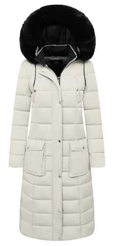 Faux Fur Hooded Down Coat, Beige