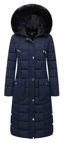 Faux Fur Hooded Down Coat, Navy