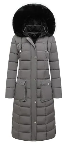Faux Fur Hooded Down Coat, Dark Grey