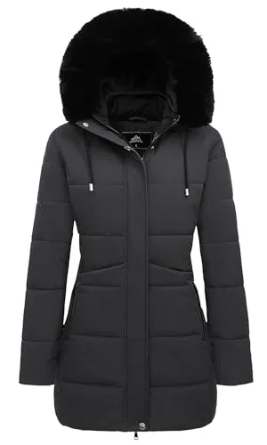 Long Faux Fur Puffer Coat, Dark Grey