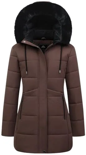 Long Faux Fur Puffer Coat, Brown