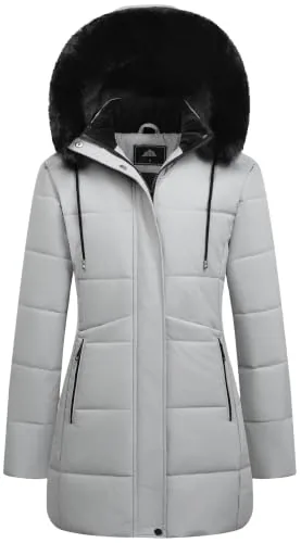 Long Faux Fur Puffer Coat, Light Grey